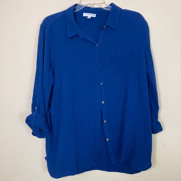 Anne Klein Jeans Womens Blue Button-Up Shirt XXL Lightweight Cotton Plus Rolltab - Picture 1 of 11